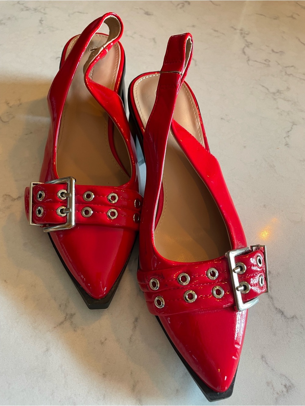 Red Congo Patent Pointed Slingback Flats with Buckle Detail. 2 in heel’s.